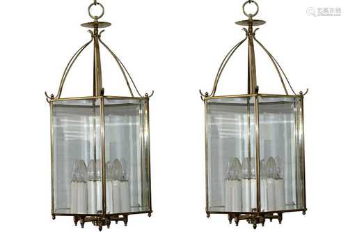 A PAIR OF LARGE BRASS HALL LANTERNS, CONTEMPORARY