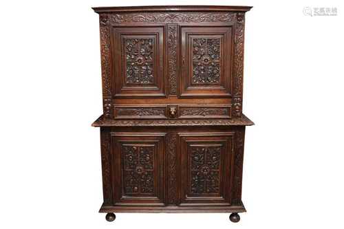 A FRENCH 16TH CENTURY STYLE CARVED WALNUT BUFFET DEUX CORPS