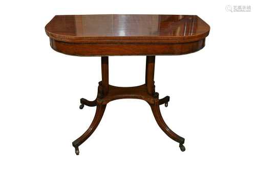 A REGENCY STRUNG ROSEWOOD FOLD OVER CARD TABLE