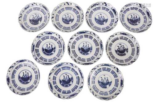 A SET OF TEN JAPANESE BLUE AND WHITE PORCELAIN SAUCER PLATES