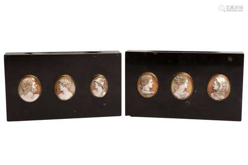 A PAIR OF ITALIAN BLACK HARDSTONE AND CAMEO MOUNTED PAPER WE...