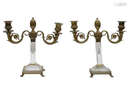 A PAIR OF FRENCH EMPIRE STYLE BRASS TWO BRANCH CANDELABRA, 2...