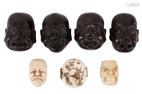 A SET OF FOUR JAPANESE CARVED WOOD NOH MASKS, 20TH CENTURY