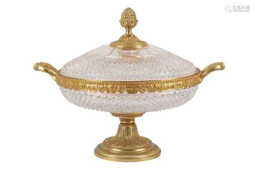 A FRENCH GILT BRONZE AND CUT GLASS PEDESTAL DISH AND COVER, ...
