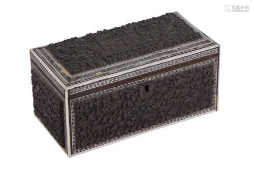 A CEYLONESE EXPORT CARVED WOOD AND IVORY STATIONERY BOX, KAN...