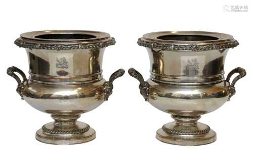 A PAIR OF SILVER PLATED CAMPANA FORM WINE COOLERS, EARLY 20T...