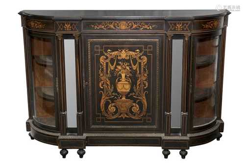 A VICTORIAN EBONISED WALNUT AND MARQUETRY INLAID CREDENZA