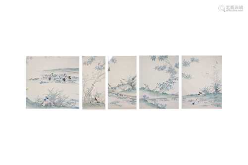 A SET OF FIVE CHINESE 'HUNDRED BIRDS' WALLPAPER PANELS.