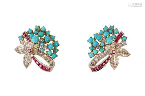 A PAIR OF TURQUOISE, RUBY AND DIAMOND EARCLIPS