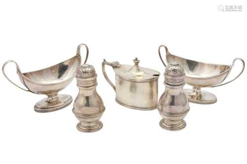 AN ASSEMBLED GEORGE III/V STERLING SILVER CRUET SET