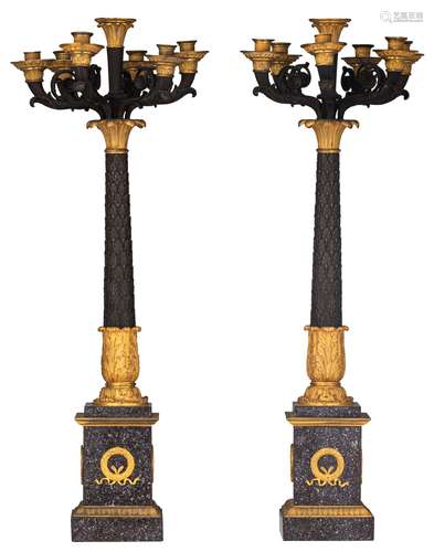 An imposing pair of Charles X style candelabras, in the mann...