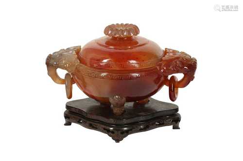 A CHINESE CARNELIAN AGATE INCENSE BURNER AND COVER