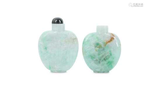 TWO CHINESE APPLE-GREEN JADEITE SNUFF BOTTLES.