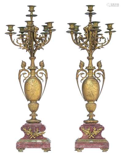 A pair of Belle Epoque Art Nouveau candelabras, H 82,5 cm