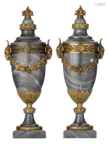 A pair of Neoclassical bleu Turquin marble cassolettes with ...