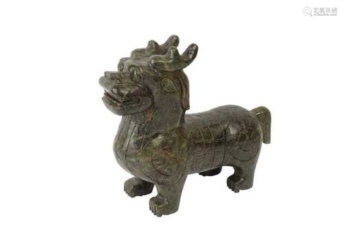 A CHINESE GREEN HARDSTONE SCULPTURE OF A KYLIN, 20TH CENTURY