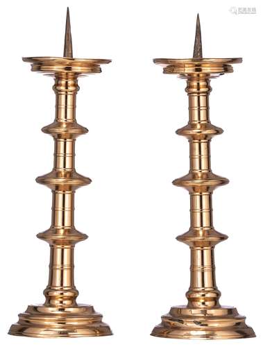 A pair of pricket candlesticks, 16thC, H 55 - 56 cm