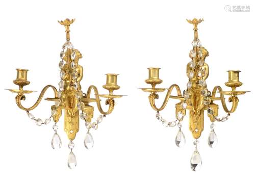 A pair of Napoleon III gilt bronze scones, late 19thC, H 38 ...