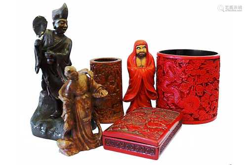 A SMALL COLLECTION OF CHINESE LACQUER ITEMS AND FOUR FIGURES...