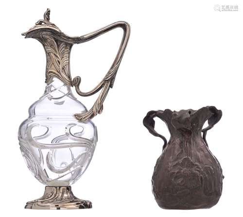 Two Art Nouveau items, a glass ewer with silver mounts and a...