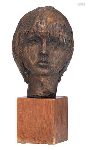 Badord, a bronze portrait of a girl, H 43,5 cm - 29 cm (with...