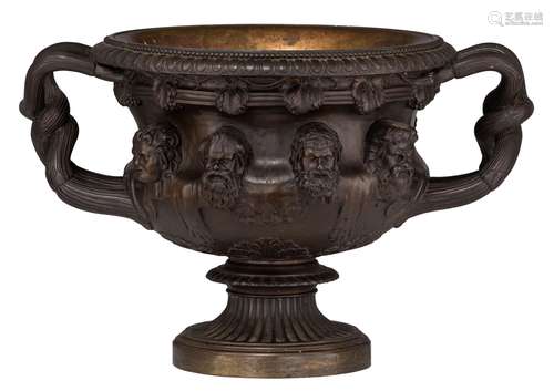 A Renaissance Revival patinated bronze 'Warwick Vase', H 32,...