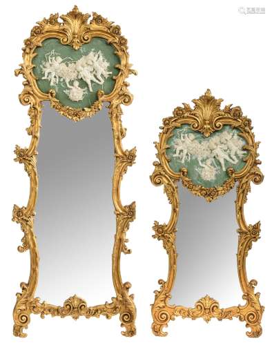 A pair of Rococo style pendant pier mirrors, H 152 - 214 cm