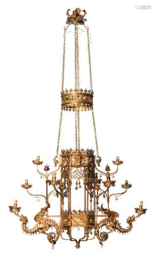 A monumental and imposing Gothic Revival gilt wrought iron c...