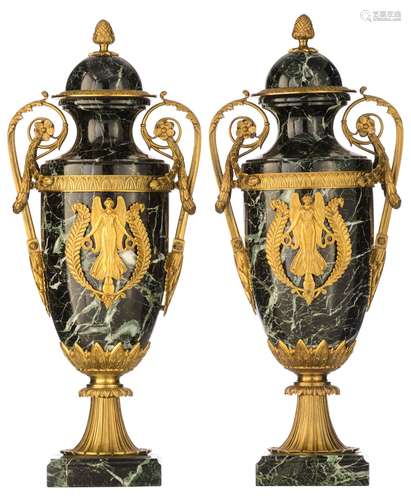 A large pair of Empire style vert de mer marble cassolettes,...