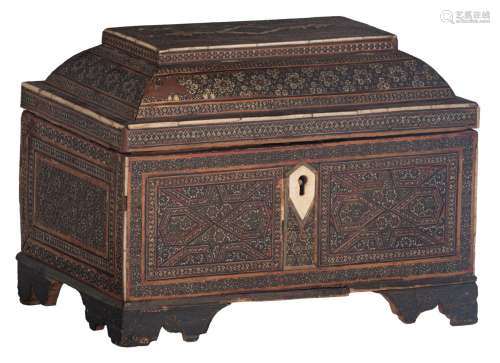 A Syrian mosaic jewellery box, H 21,5 - 29 - 18,5 cm