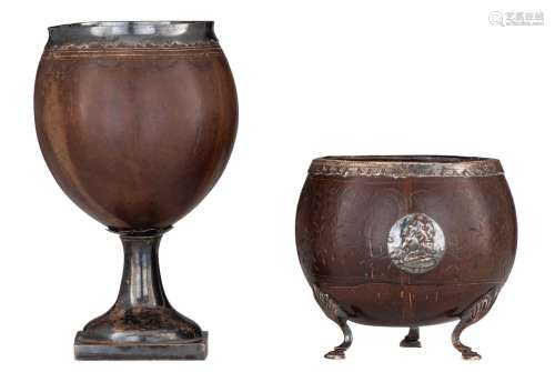 Two Anglo-Indian coconut cups with silver mounts, H 11,5 - 1...