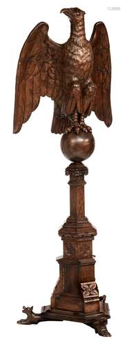 A Gothic Revival carved oak eagle lectern, 19thC, H 190 cm