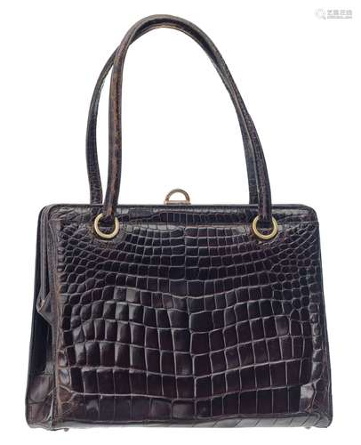 A Delvaux brown croco vintage top handle bag, 26,5 x 21 cm