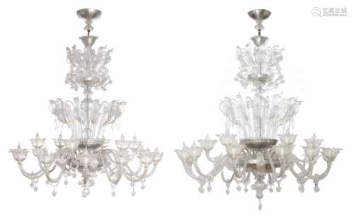 A pair of very imposing Venetian Murano glass chandeliers, H...