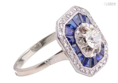 An art déco period ladies 18ct white gold ring set with diam...