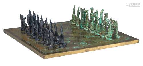 A Giacometti inspired bronze chess set, 40 x 40 cm