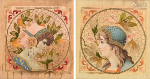 A pair of Art Nouveau embroidered and painted silk ladies po...