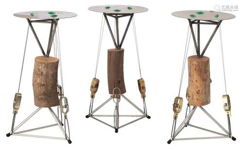 Three aluminium, steel wire and wooden designer stools, H 53...