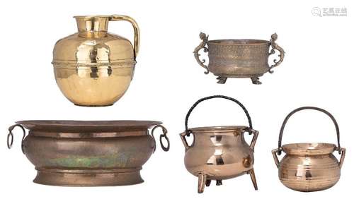 A bronze cauldron, H 22,8 cm, a ditto water font, H 16,3 cm,...