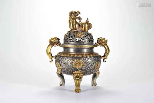CHINESE PARTLY GILT SILVER BEAST HANDLE LIDDED TRIPLE