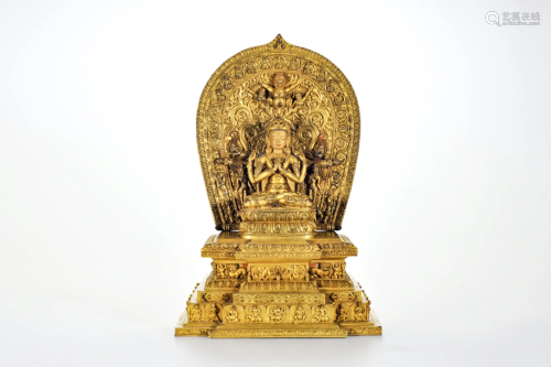 CHINESE GILT BRONZE SEATED GUANYIN ON STAND