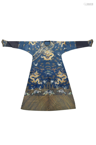 CHINESE BLUE GOLD EMBROIDERY DRAGON IMPERIAL ROBE