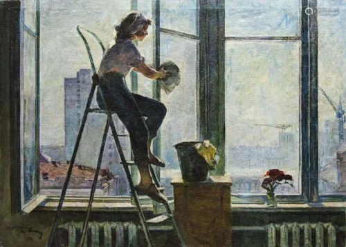 Oil painting Girl washes a window Unknown artist