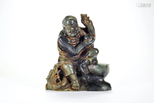 CHINESE SPINACH JADE SEATED LOHAN ON BEAST