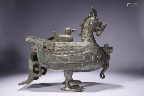 CHINESE ANCIENT BRONZE BIRD SHAPED ZUN WARRING PERIOD