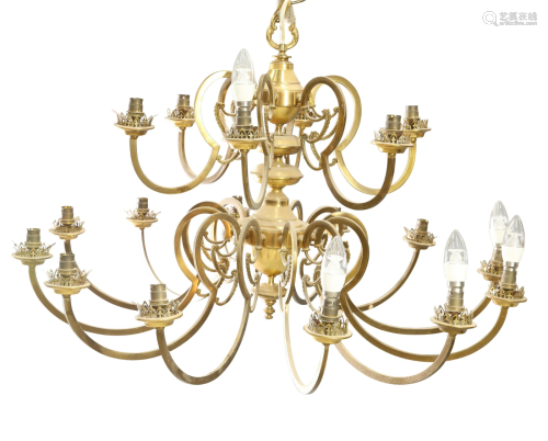 A DUTCH LARGE BRASS CHANDELIER, the two tiers of