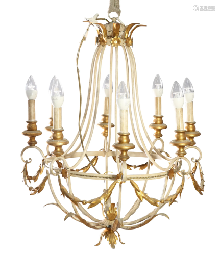 A CONTINENTAL PAINTED AND GILDED METAL CHANDELIER,