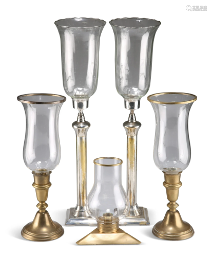 TWO PAIRS OF HURRICANE LAMPS, the taller pair with