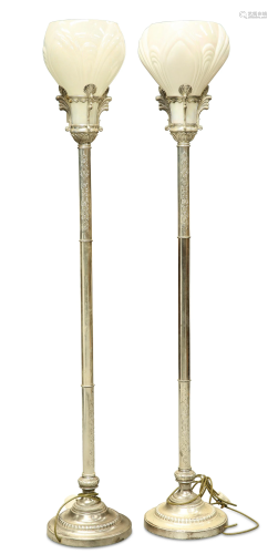 A PAIR OF 20TH CENTURY SILVERED METAL STANDARD LAMPS,