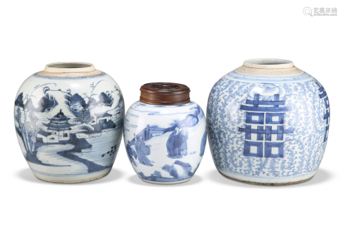 THREE CHINESE BLUE AND WHITE GINGER JARS, the first